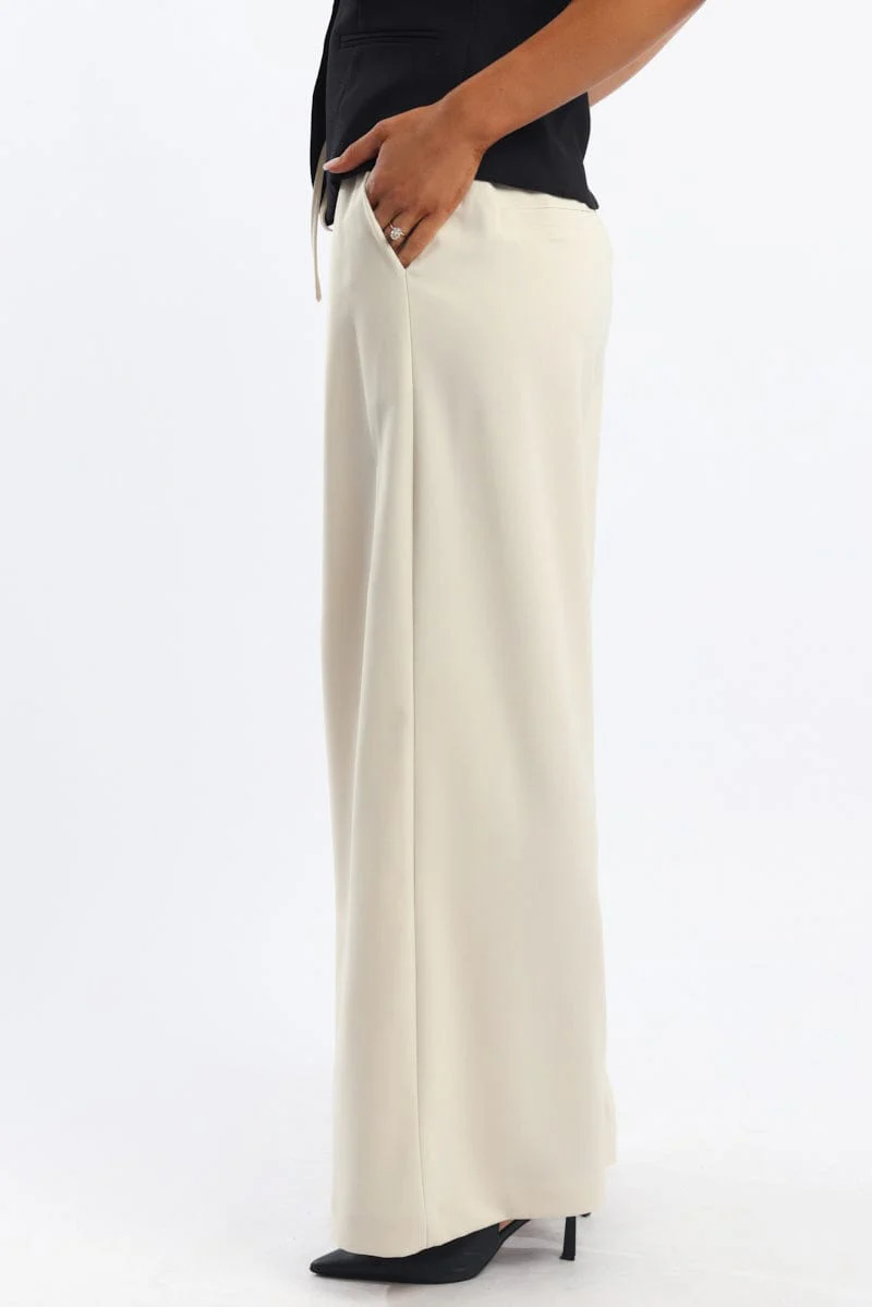 Beige Wide Leg Pants Elasticated Waist