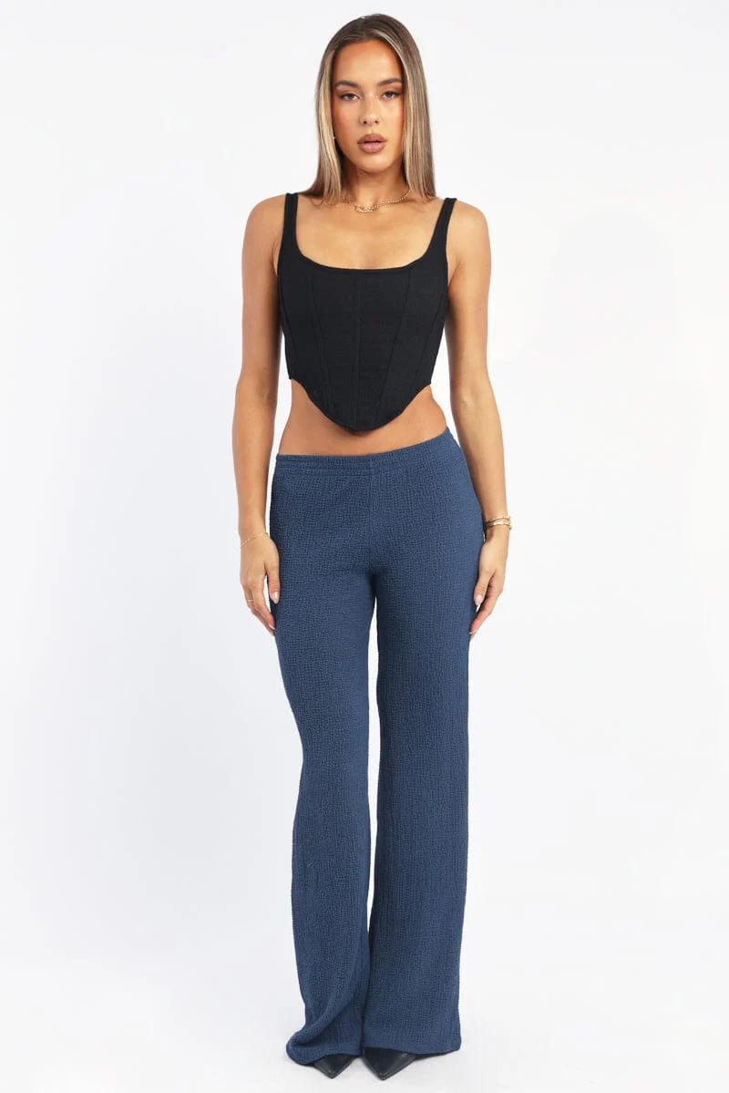 Blue Wide Leg Pants Textured Fabric