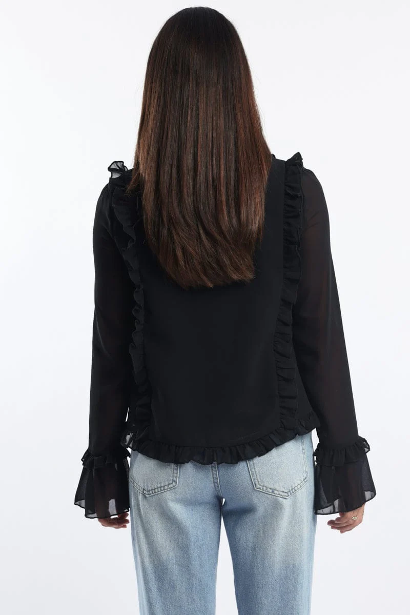 Black Tie Up Top Long Sleeve V Neck Filled
