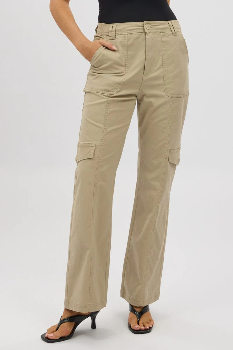 Beige Cargo Pants Mid Rise