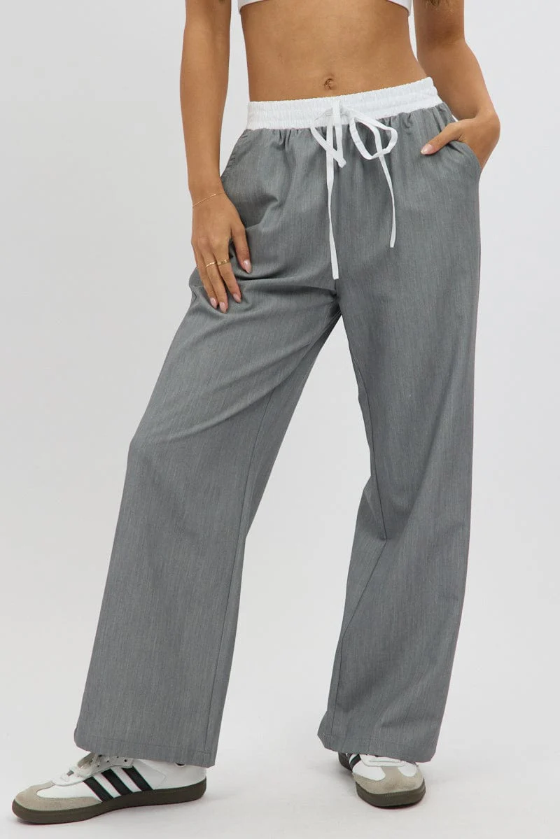 Grey Wide Leg Pants Elasticated Contrast Waist