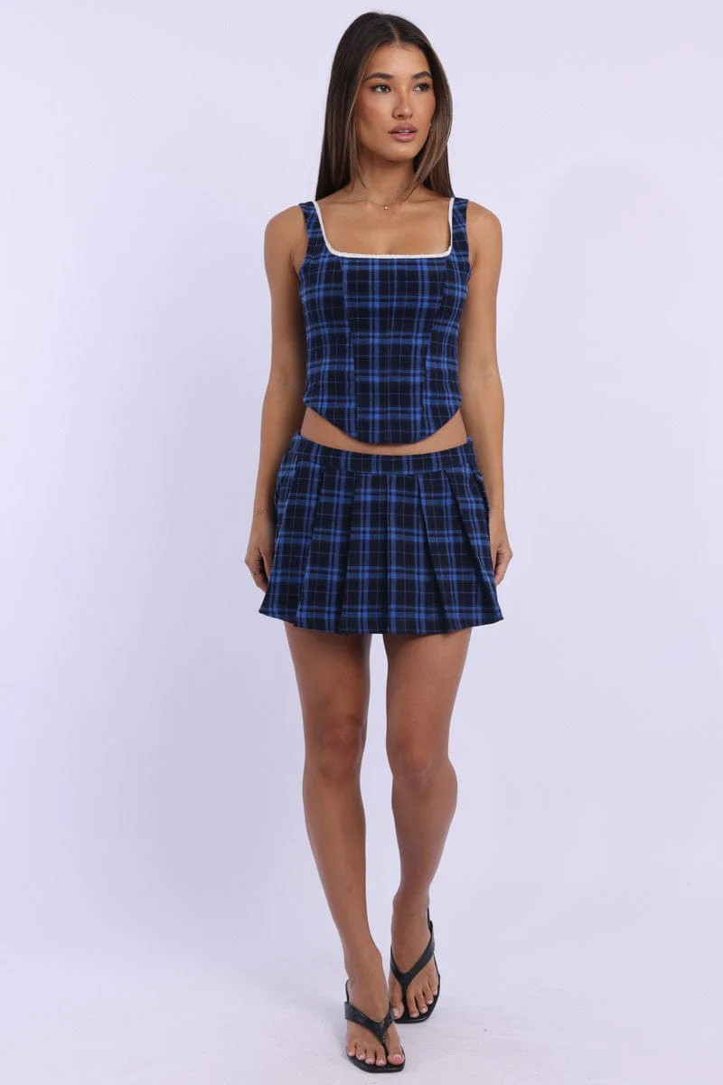 Blue Check Mini Skirt Skort Mid Rise Pleated Stretch Lining