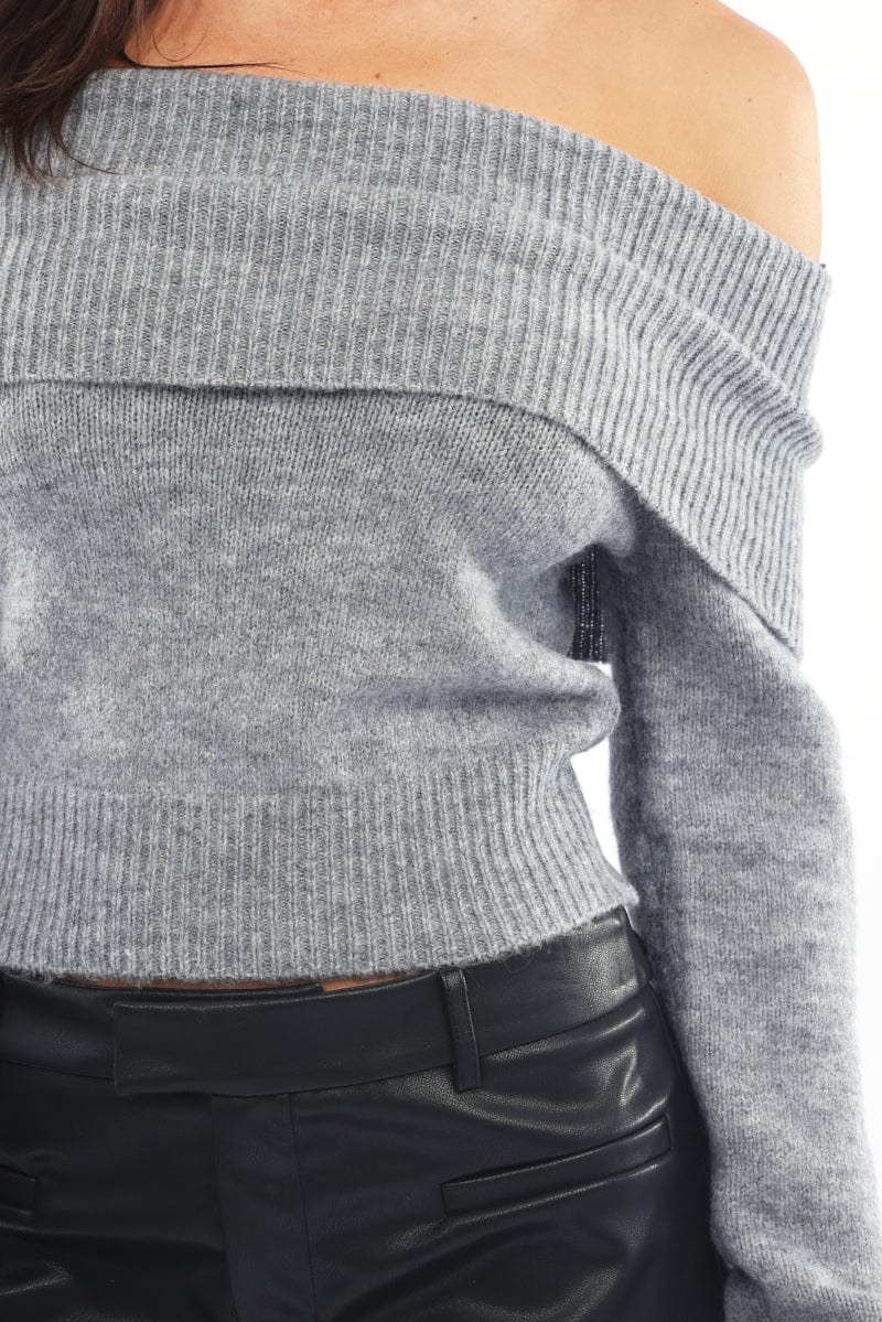 Grey Bardot Knit Long Sleeve Off Shoulder