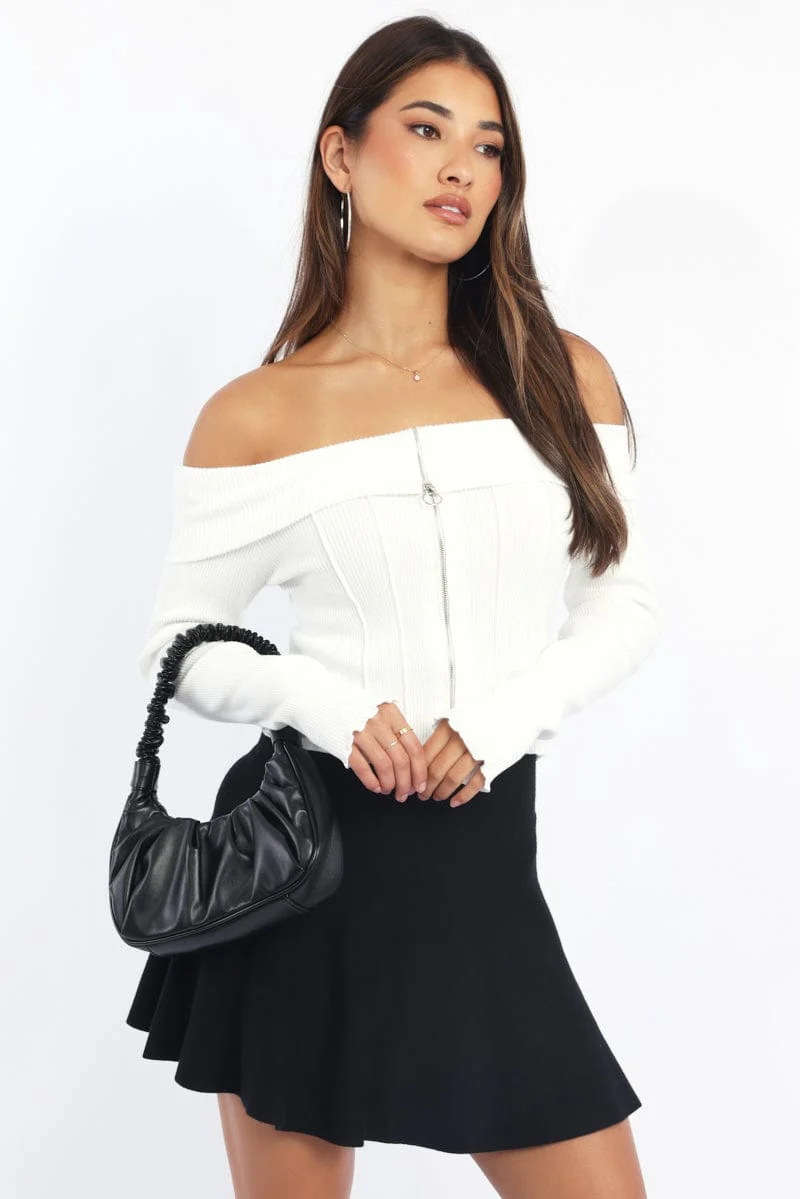 White Knit Top Long Sleeve Off Shoulder Zip Front