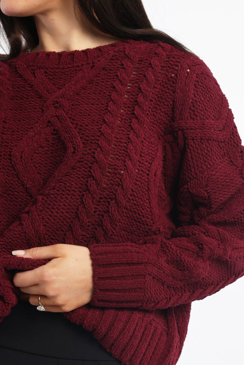Red Cable Knit Long Sleeve Crew Neck