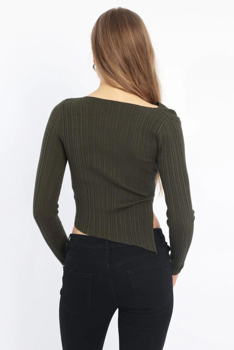 Green Knit Top Long Sleeve Cut Out