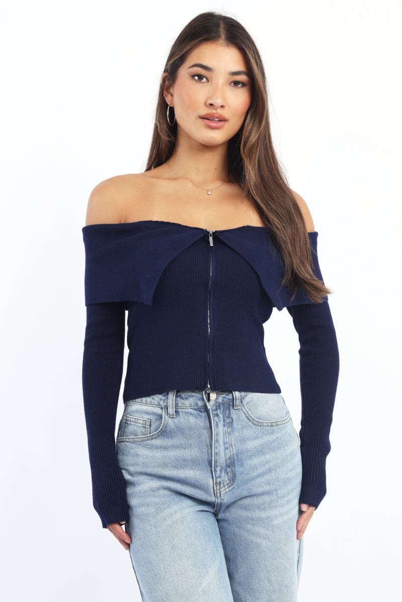 Blue Cardigan Off Shoulder Zip Up