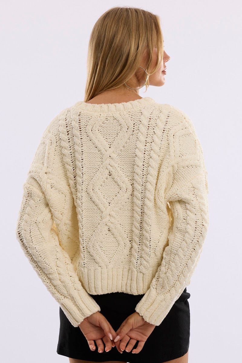 White Cable Knit Long Sleeve Crew Neck