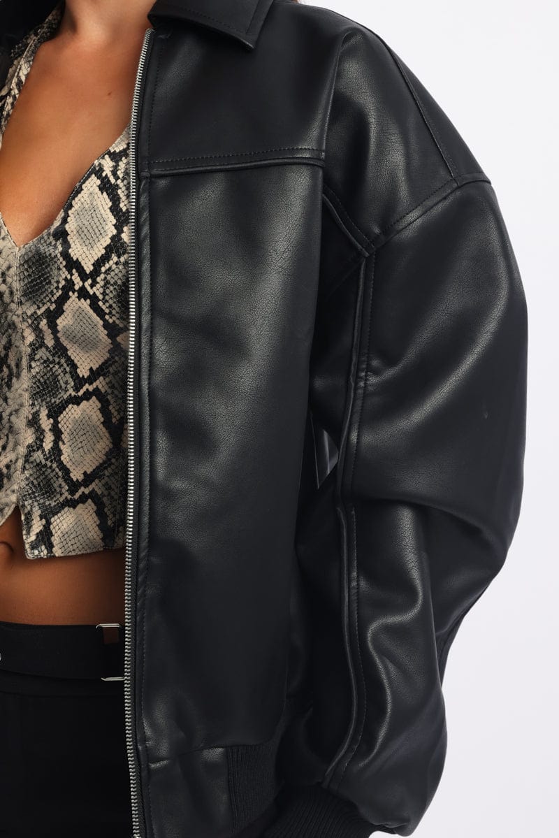 Black Bomber Jacket Faux Leather