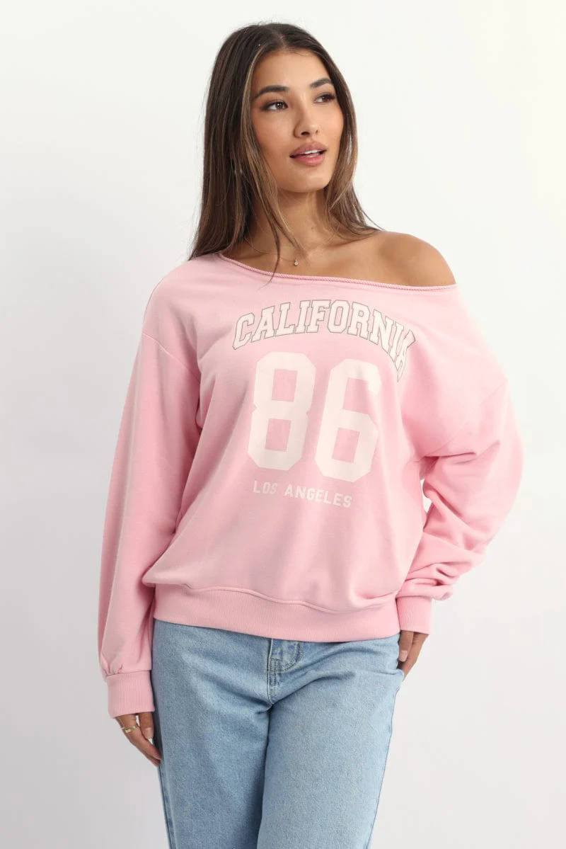 Pink Off Shoulder Sweater Long Sleeve