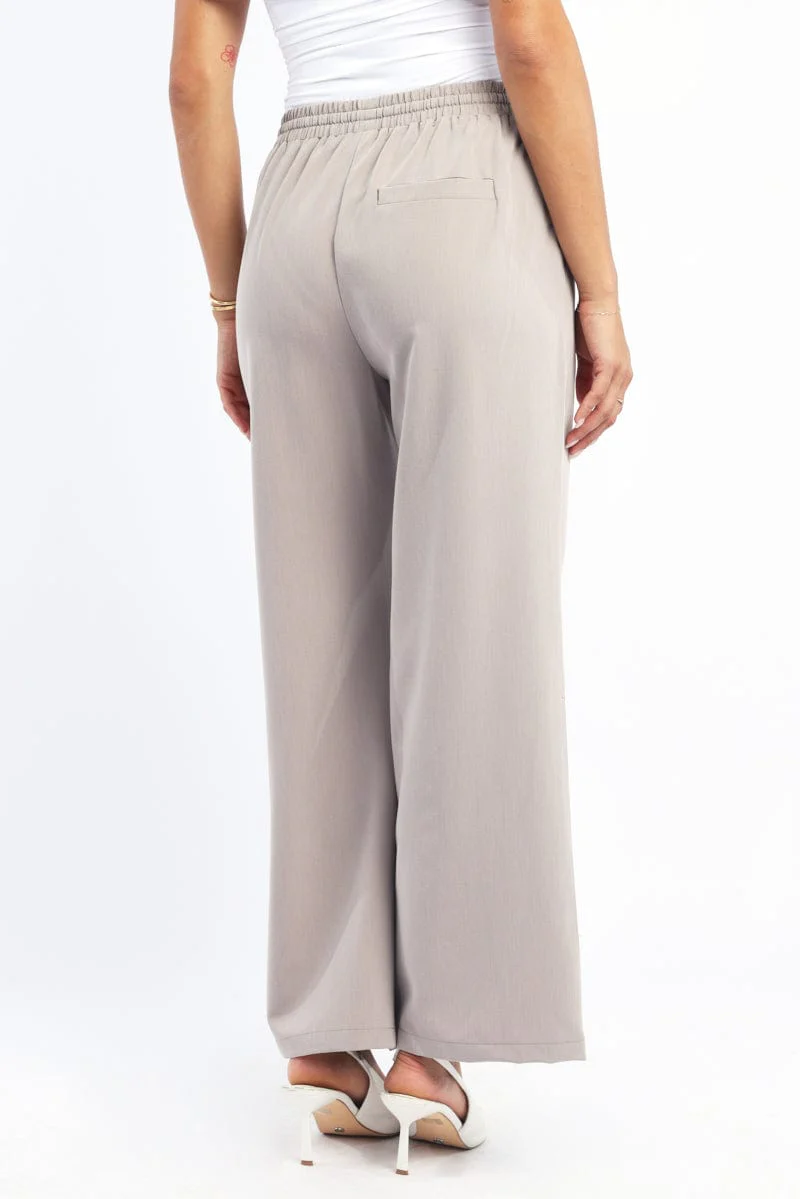 Beige Wide Leg Pants Elasticated Waist