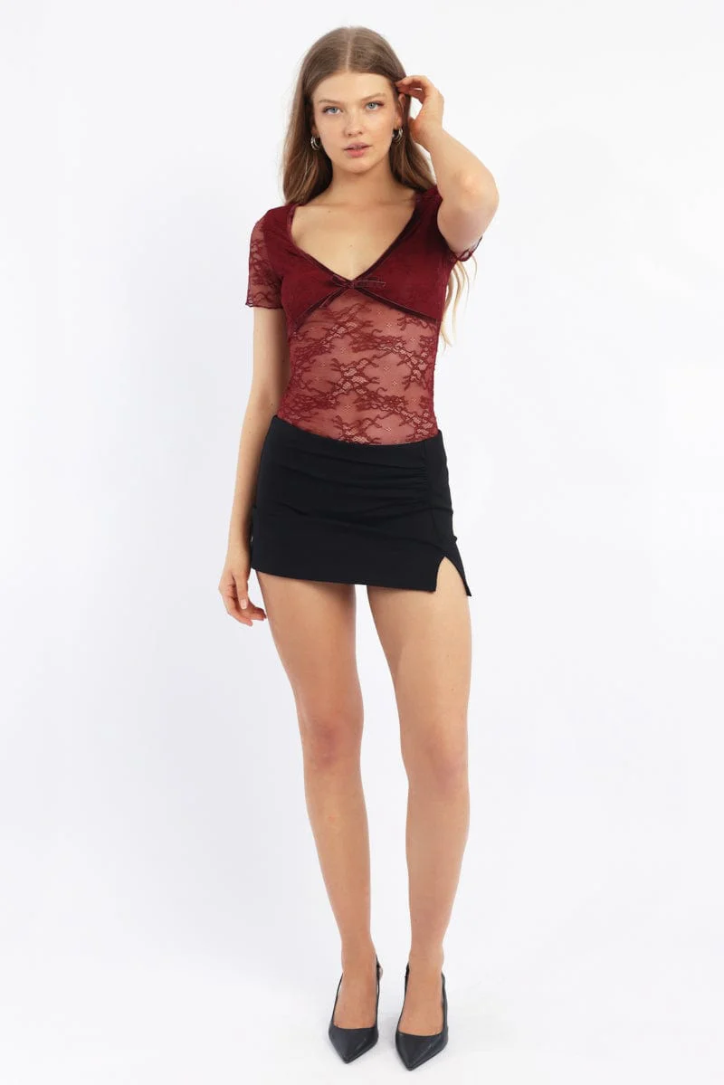 Red V-neck Top Short Sleeve Lace