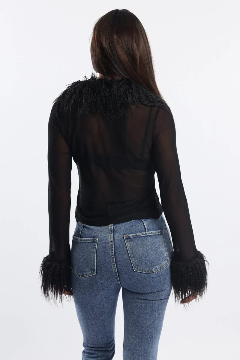 Black Top Faux Fur Neckline And Cuff