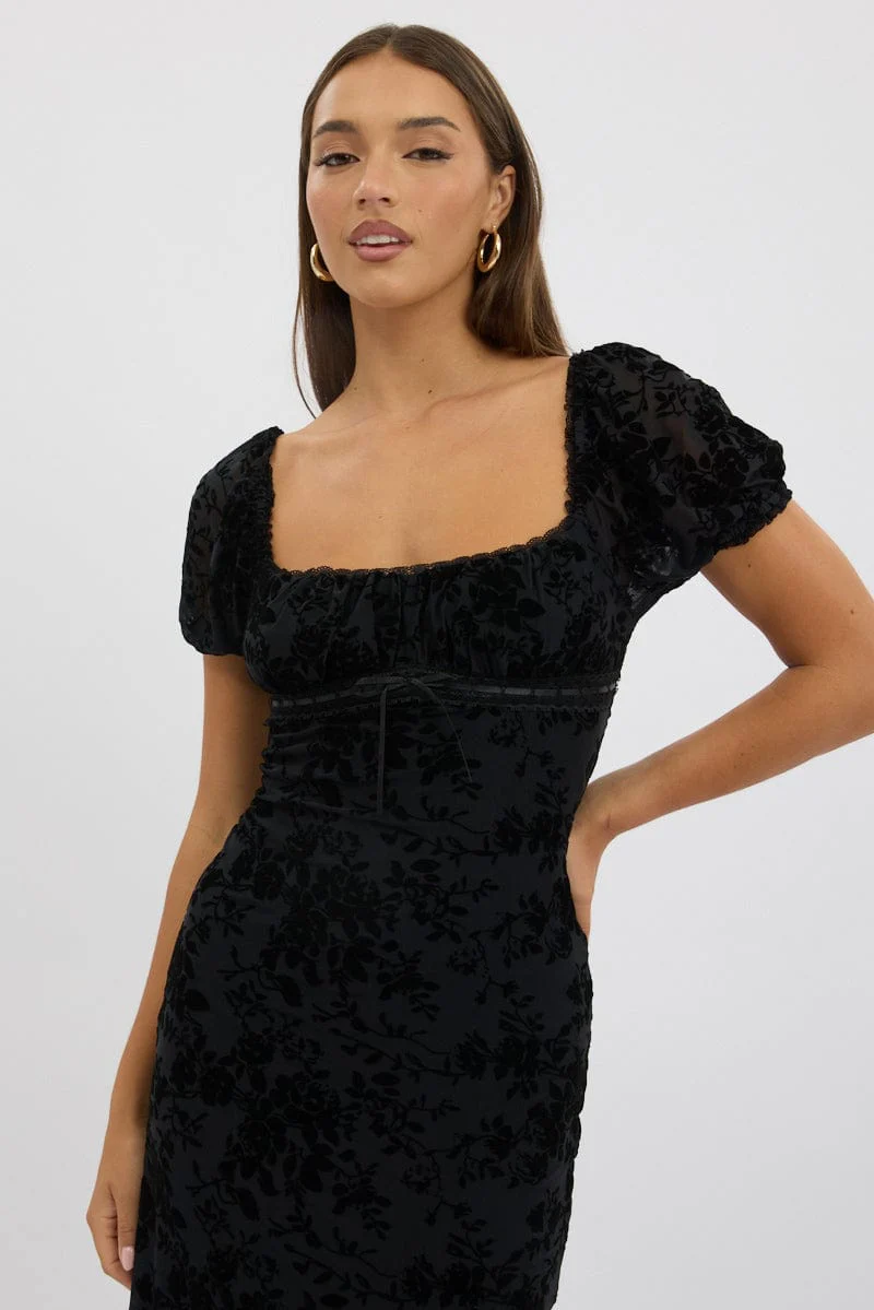 Black Maxi Dress Puff Sleeve Burn Out