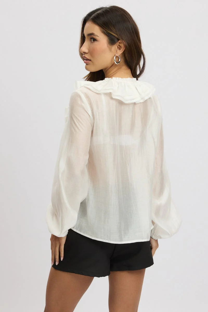 White Poet's Top V Neck Long Sleeve Frilled