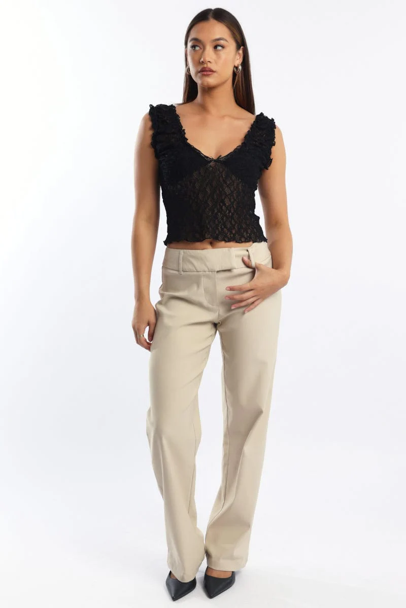 Beige Straight Fit Low Rise Pants