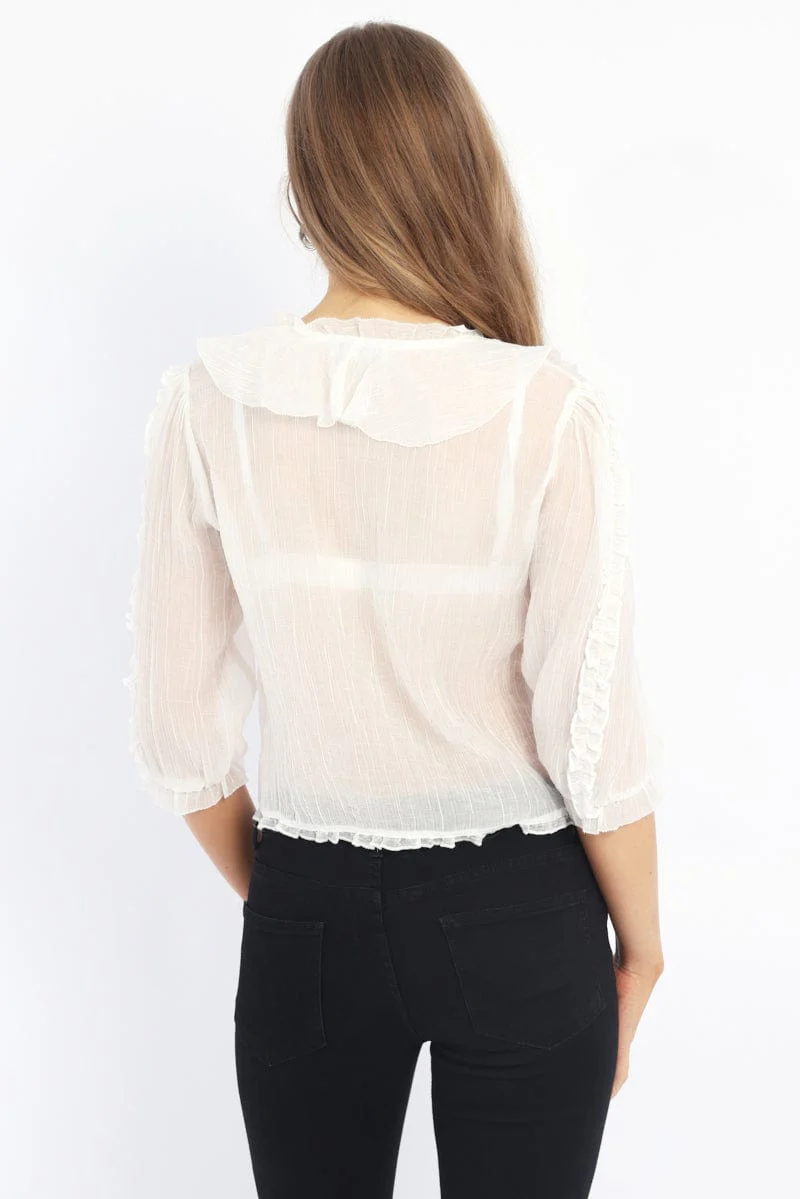 White Ruffled Top Mid Sleeve V-neck Poet's Blouse