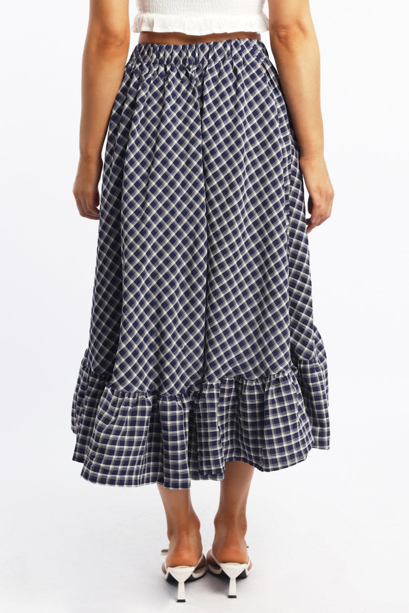 Blue Check Asymmetric Midi Skirt High Rise Elastic Waist