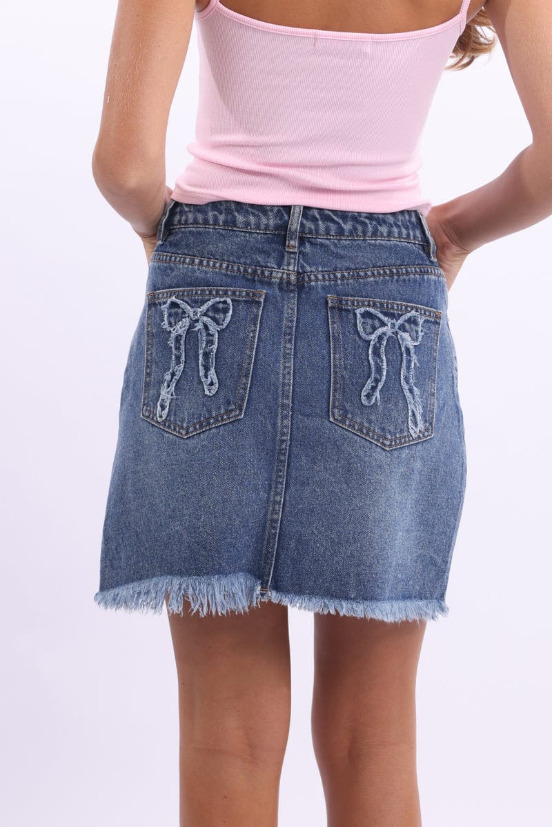 Denim Mini Skirt Mid Rise Relaxed Fit Bow Pocket Detail