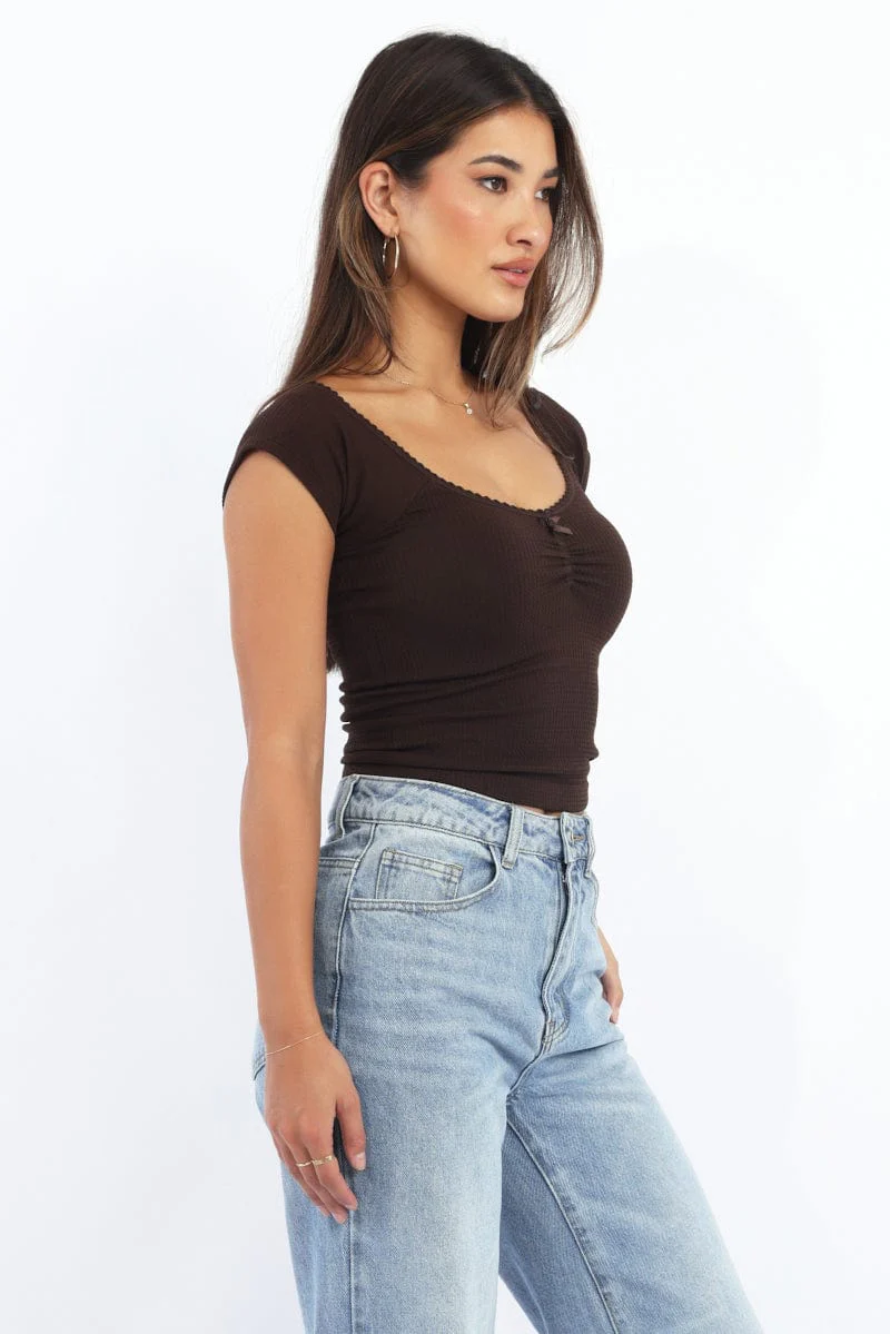 Brown Seamless Top Short Sleeve Picot Trim Rib