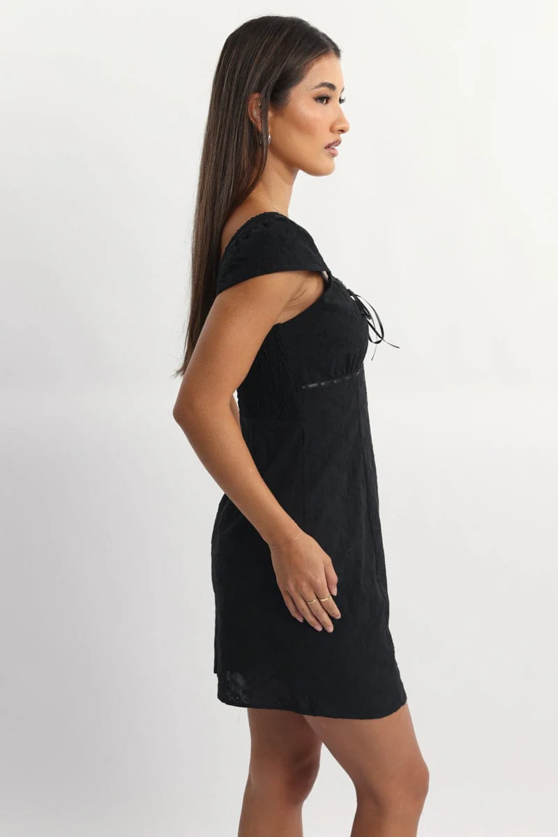 Black Mini Dress Ribbon Detail Eyelet Fabric