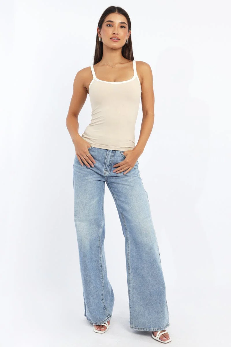 Beige Tank Top Sleeveless Rib
