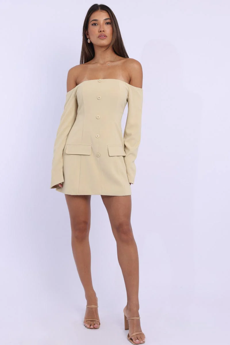 Yellow Off Shoulder Mini Dress Long Sleeve