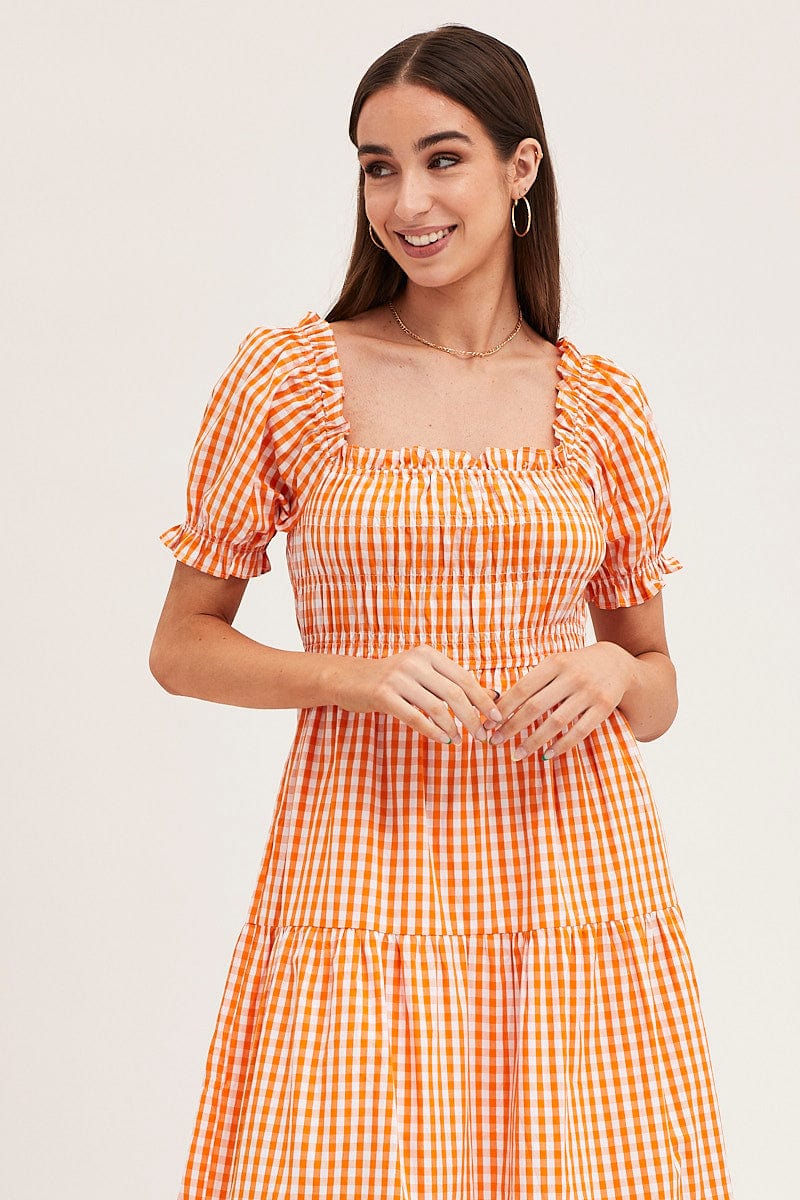 Check Short Sleeve Shirred Midi Dress