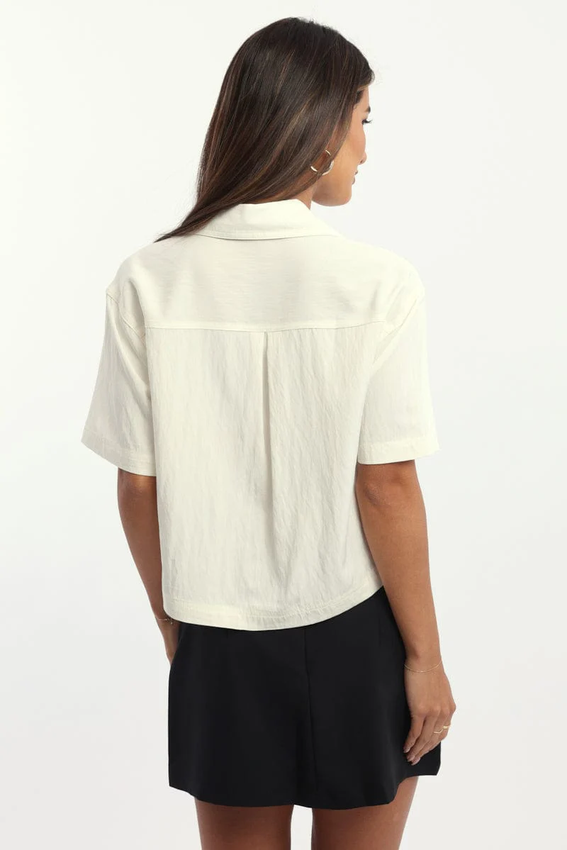 White Relaxed Shirt Short Sleeve Collared Cupro Blend