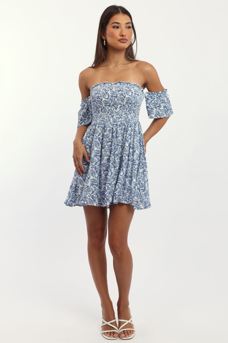 Blue Paisley Mini Dress Off Shoulder