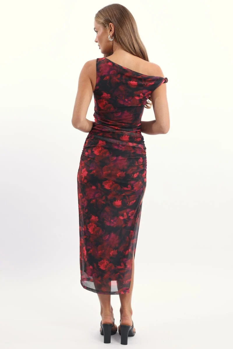 Red Floral Bodycon Dress Mesh