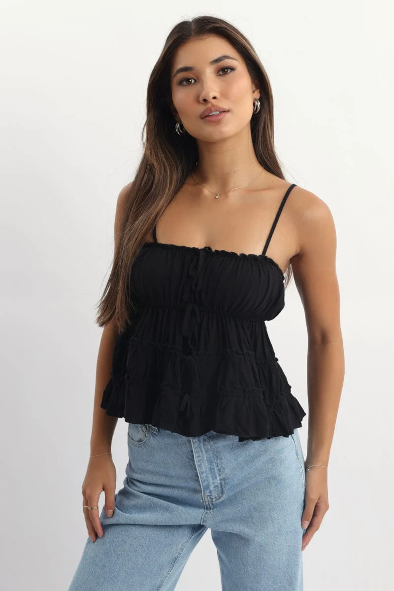 Black Ruched Cami Sleeveless Tie Details