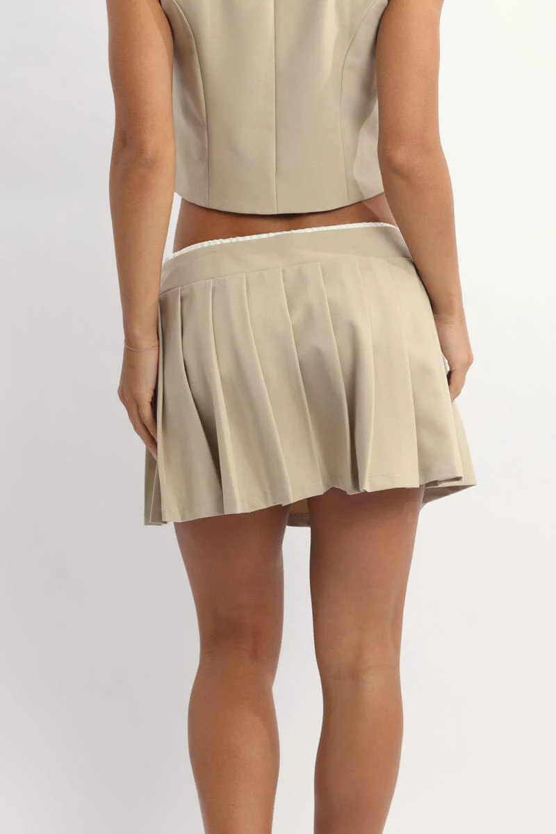Beige Pleated Skirt High Waisted Contrast Waistband