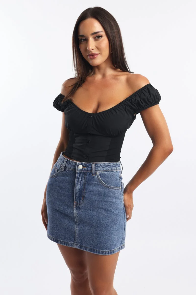 Black Crop Top Short Sleeve V Neck Button Details