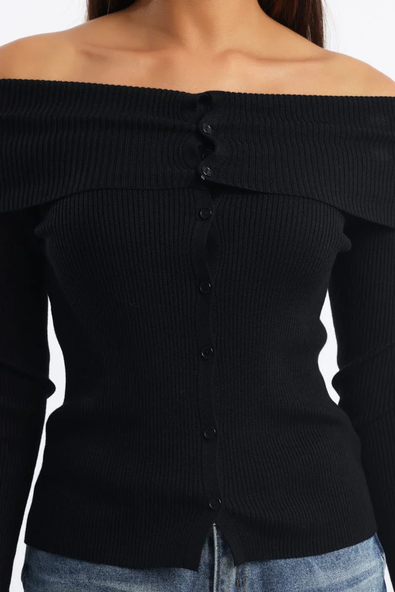 Black Knit Cardigan Long Sleeve Bardot