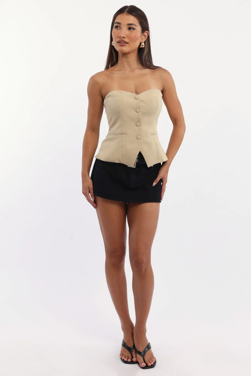 Beige Bandeau Vest Sleeveless Sweetheart Tailored