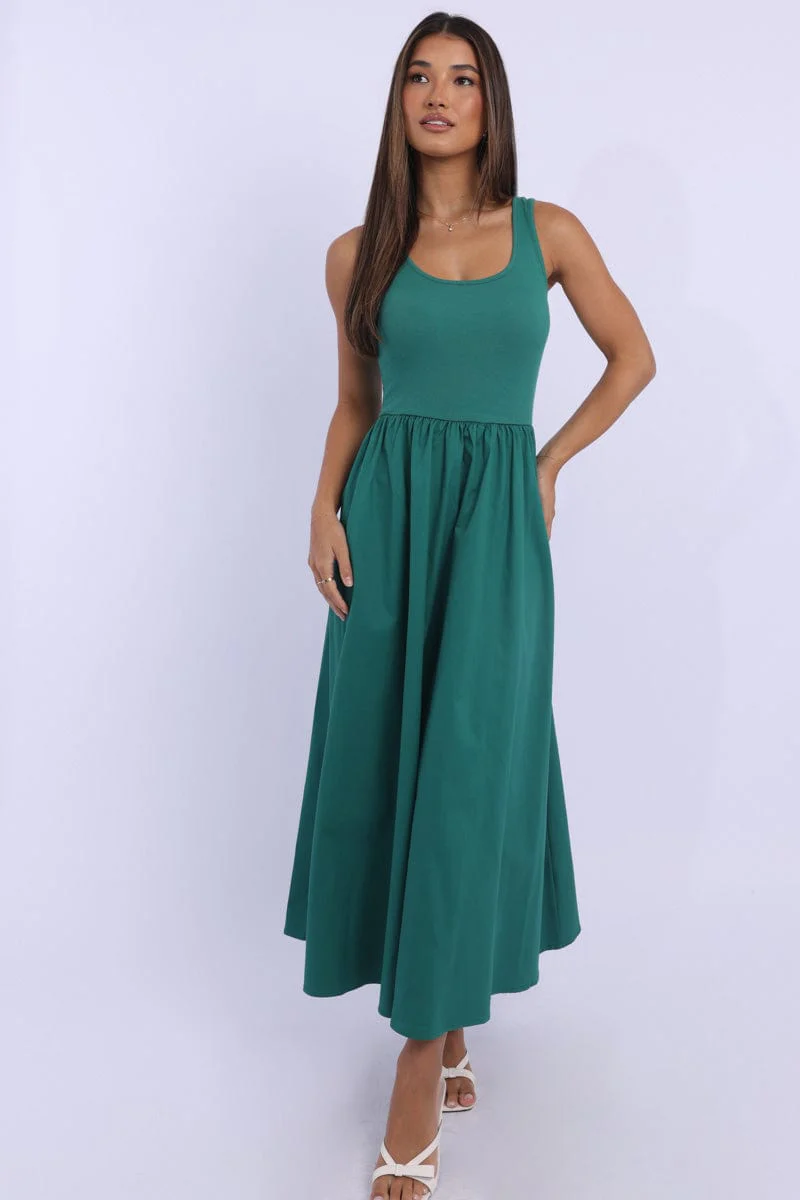Green Midi Dress Ribbed Bodice