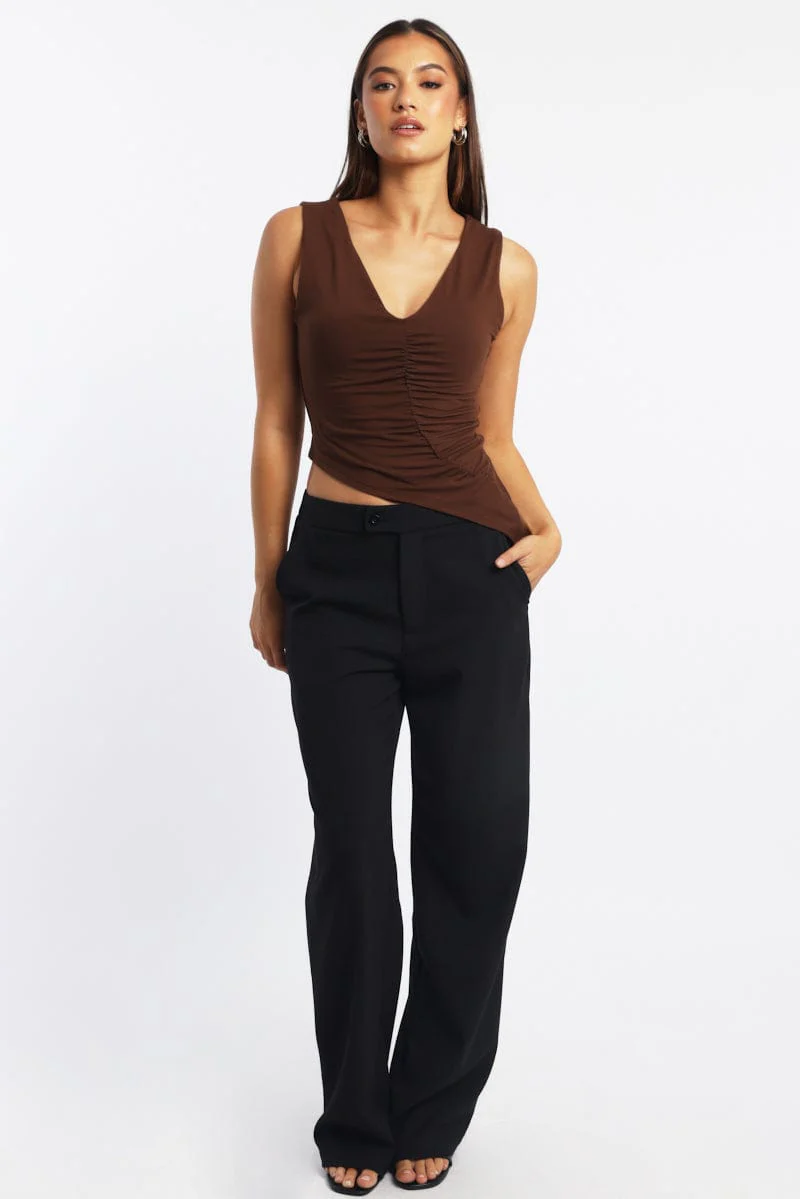 Brown Sleeveless Top Asymmetric Hem
