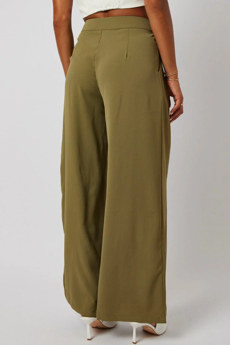 Green Wide Leg Pants High Rise