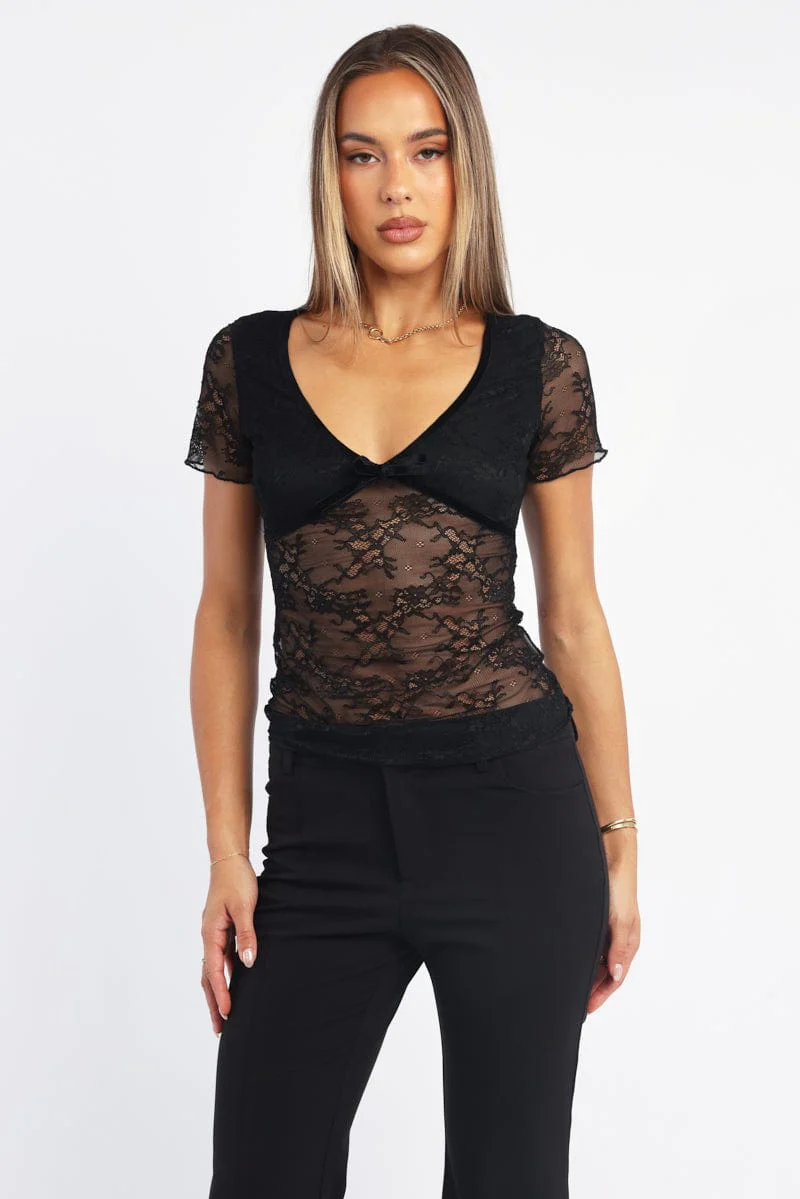 Black V-neck Top Short Sleeve Lace