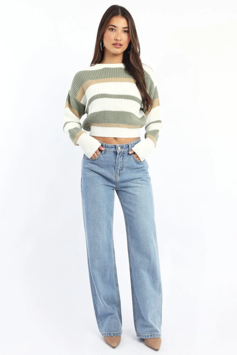 Green Stripe Knit Top Long Sleeve Color Block