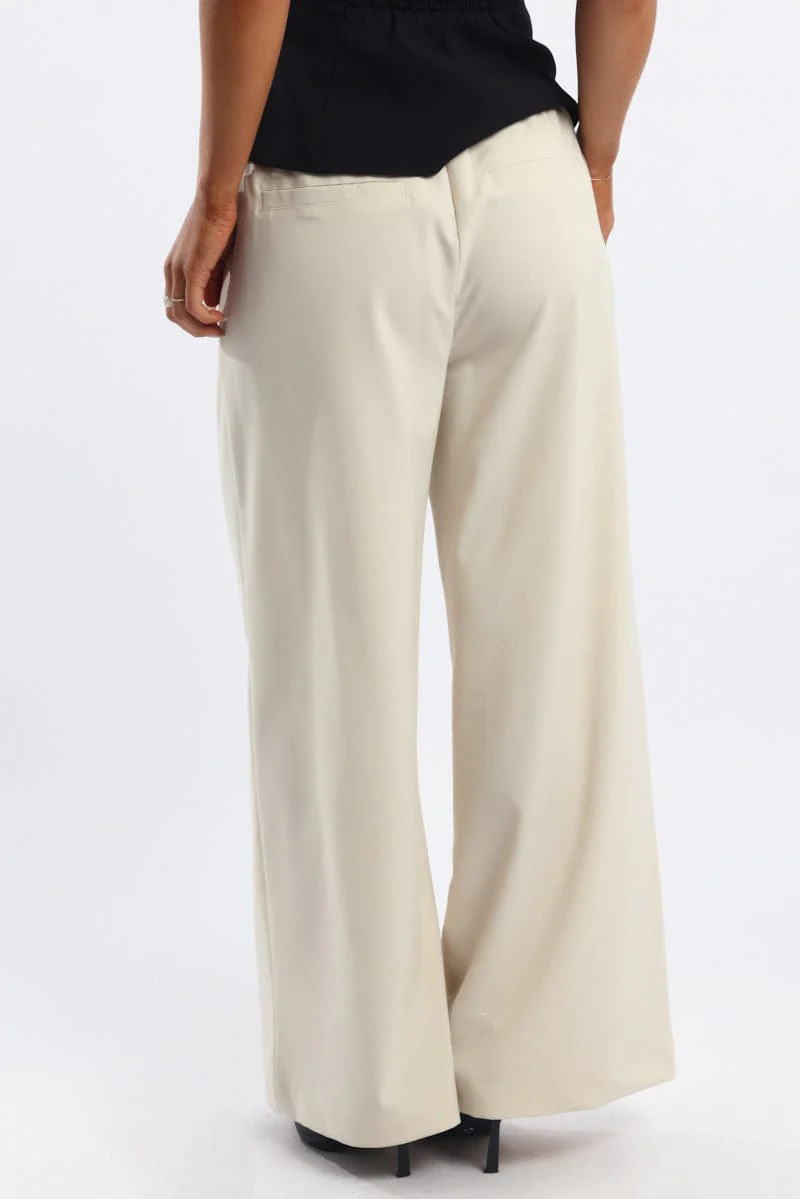 Beige Wide Leg Pants Elasticated Waist