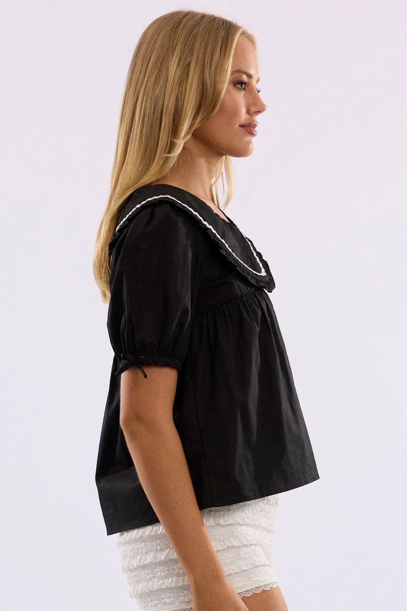 Black Babydoll Top Puff Sleeve Collared Poplin Ric Rac