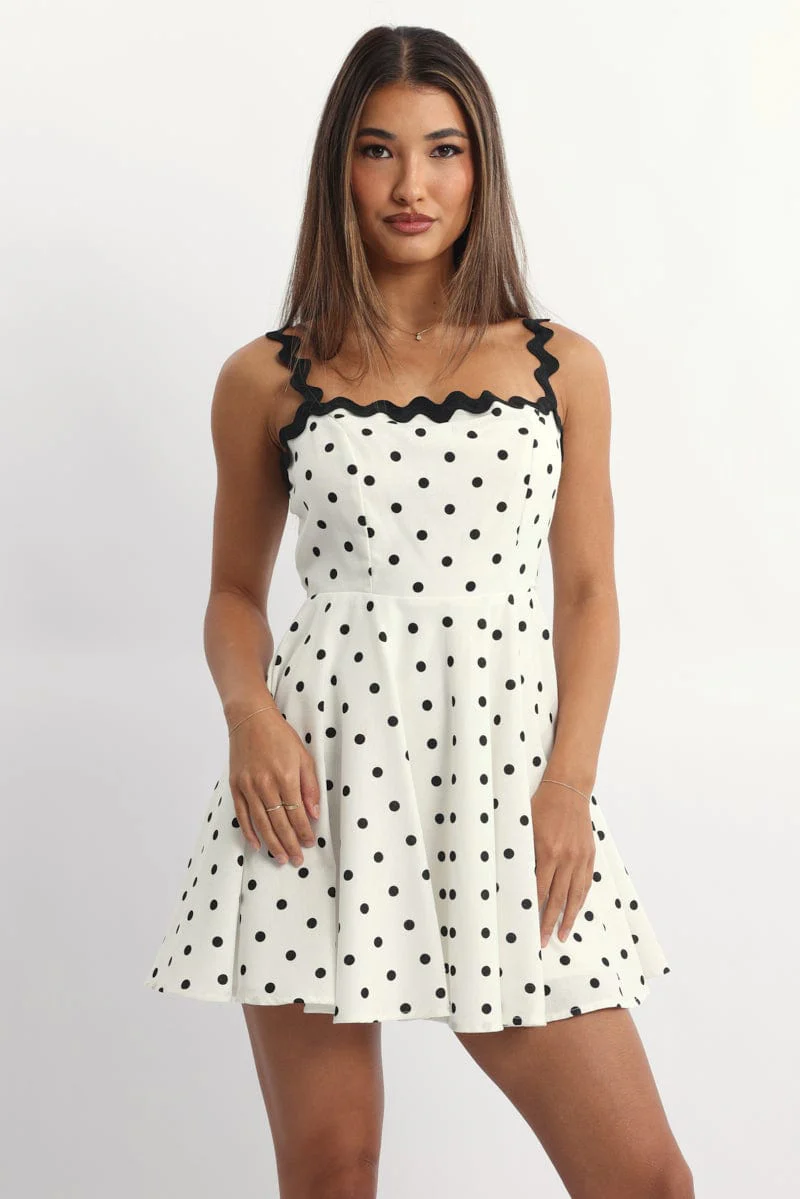 White Polka Dot Fit And Flare Dress Mini