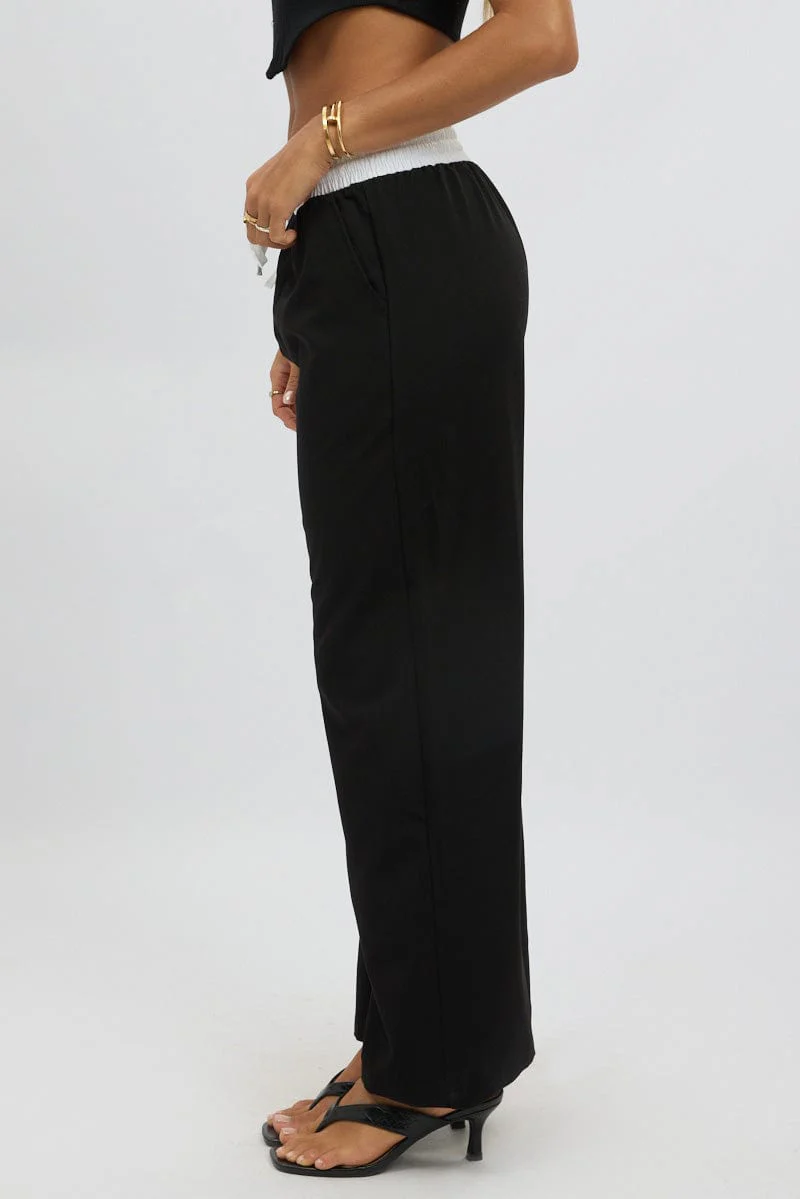 Black Wide Leg Pants Elasticated Contrast Waist