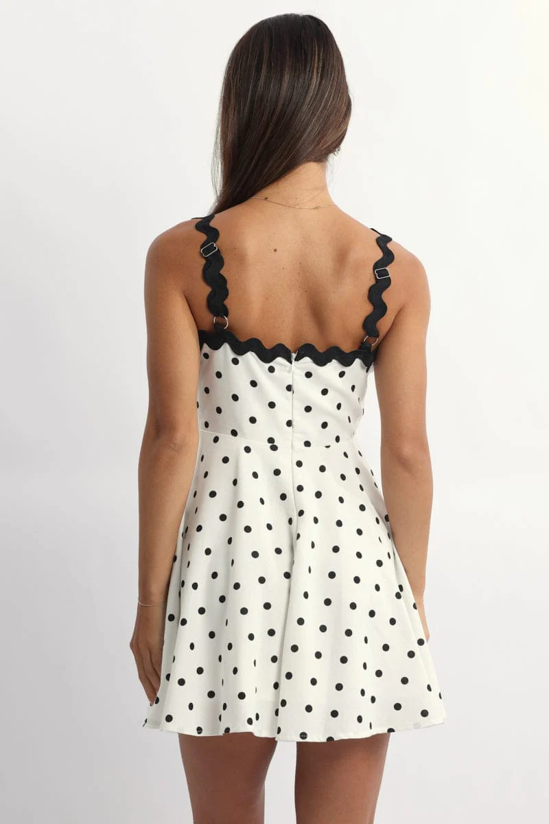 White Polka Dot Fit And Flare Dress Mini