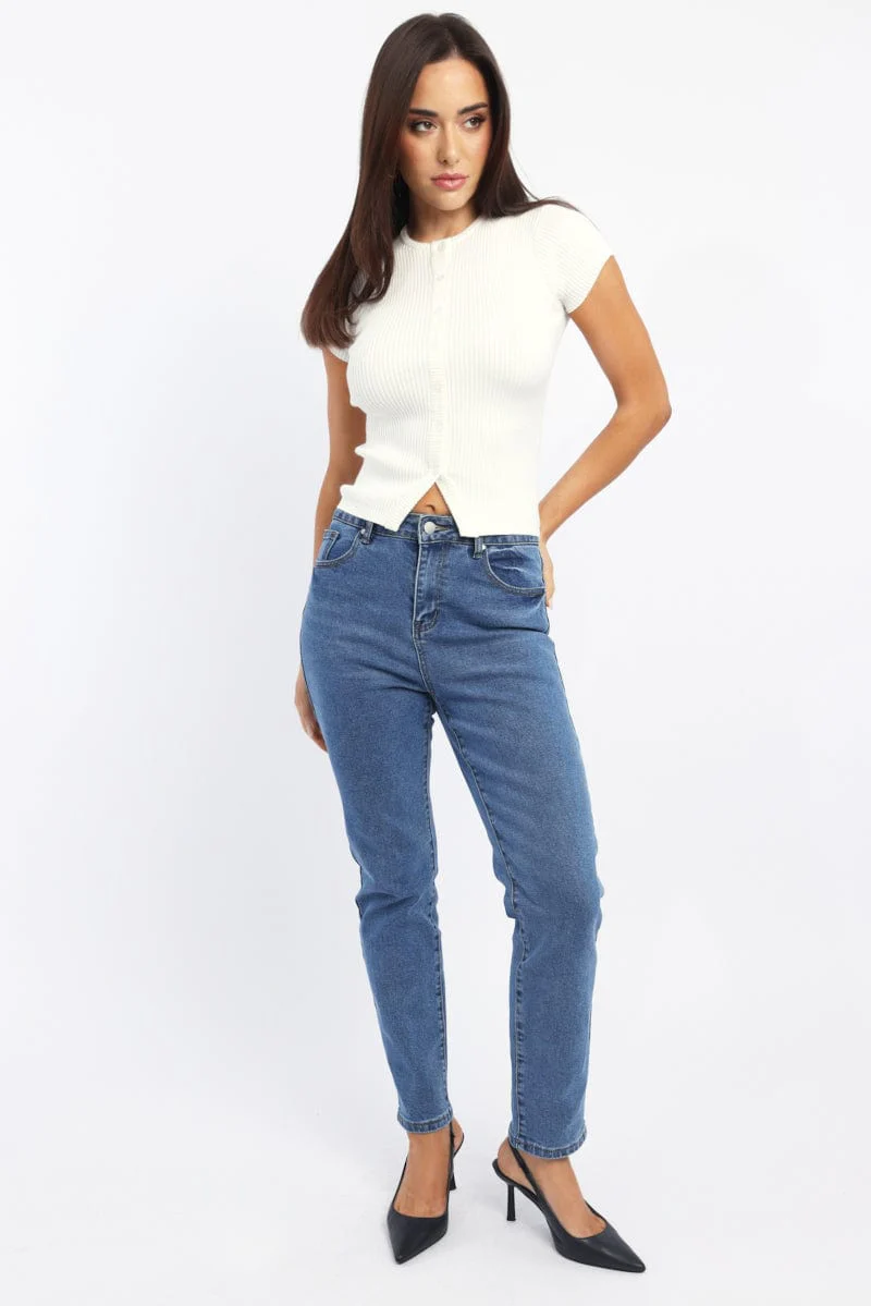 White Knit Top Short Sleeve Ribbed