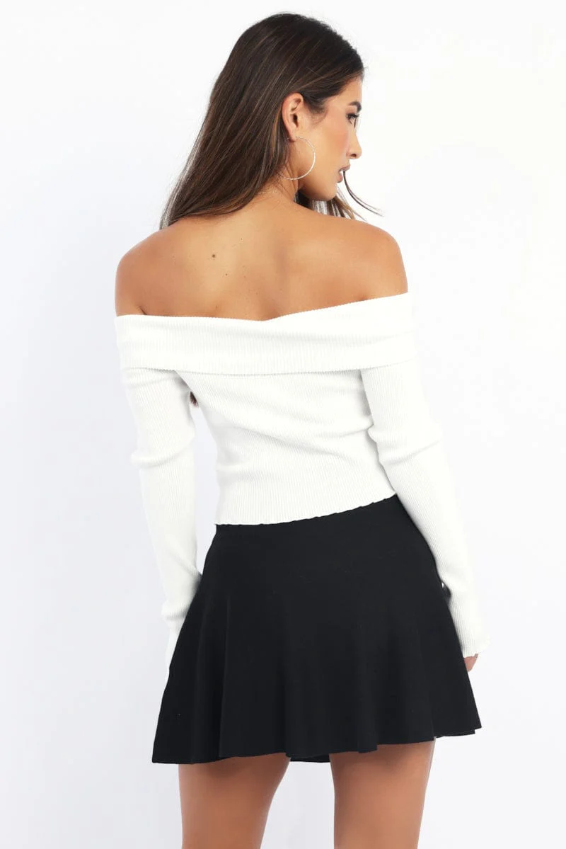 White Knit Top Long Sleeve Off Shoulder Zip Front