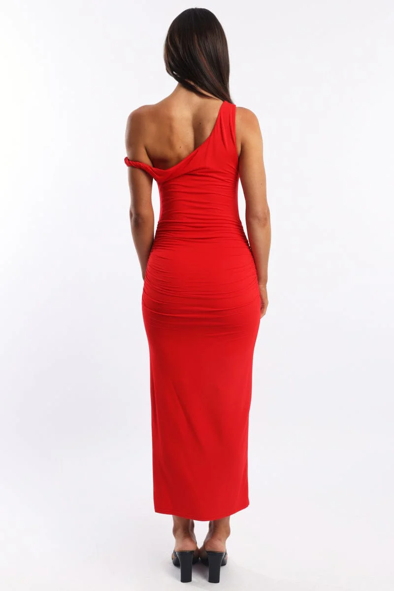Red Bodycon Dress Twist Off Shoulder