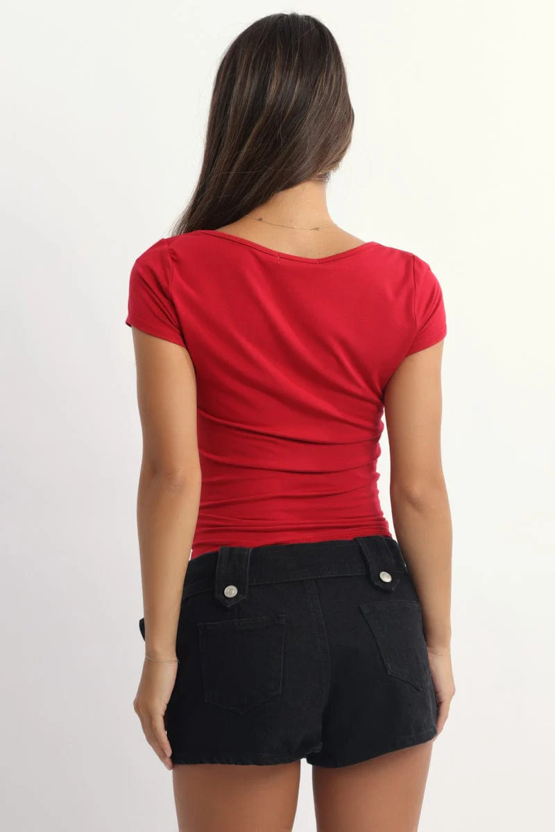 Red Cowl Neck Top Short Sleeve